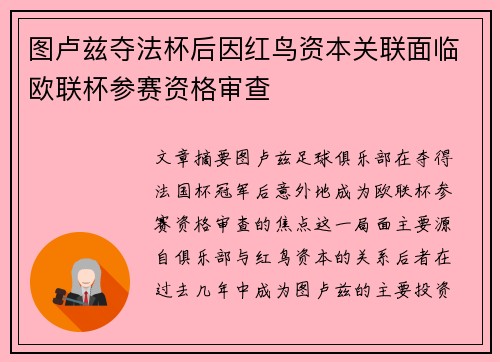图卢兹夺法杯后因红鸟资本关联面临欧联杯参赛资格审查