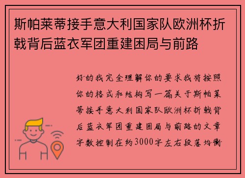 斯帕莱蒂接手意大利国家队欧洲杯折戟背后蓝衣军团重建困局与前路
